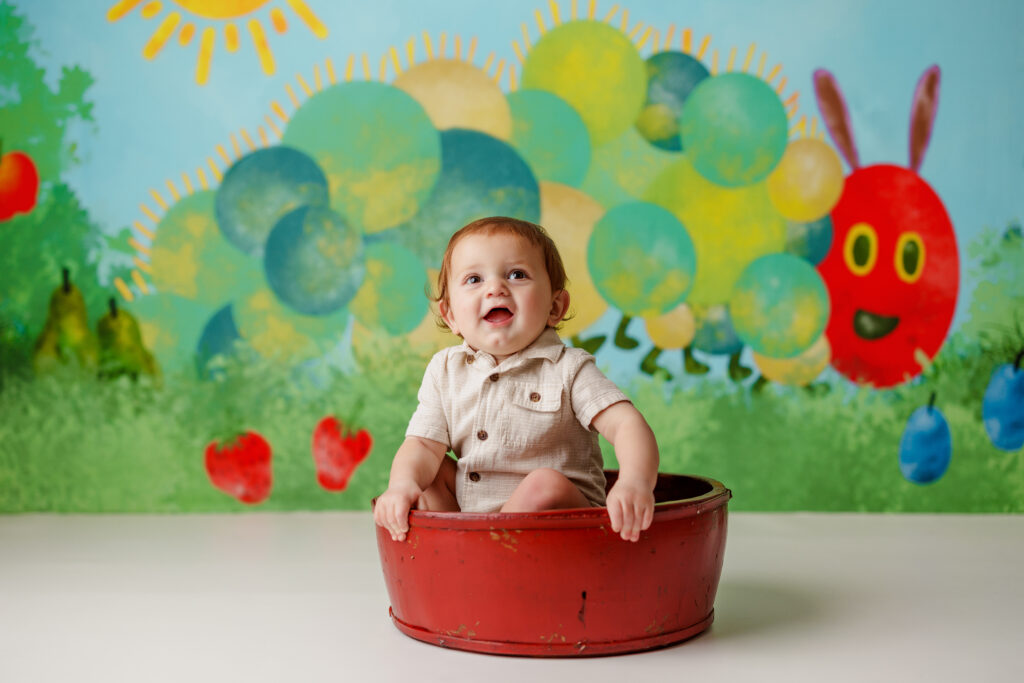 Hungry Caterpillar Cake Smash Photographer Huntsville AL Studio First Birthday Session