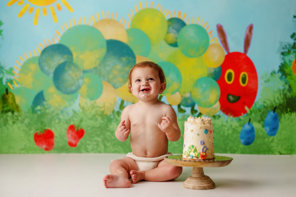 Hungry Caterpillar Cake Smash Photographer Huntsville AL Studio First Birthday Session