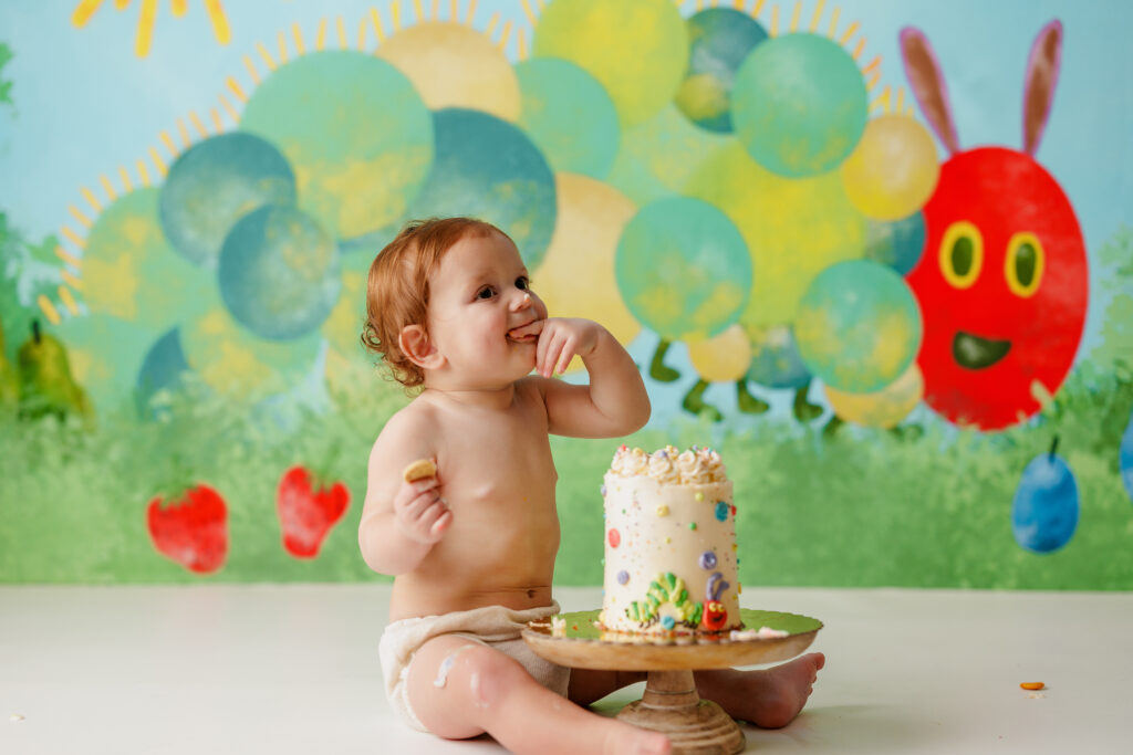 Hungry Caterpillar Cake Smash Photographer Huntsville AL Studio First Birthday Session