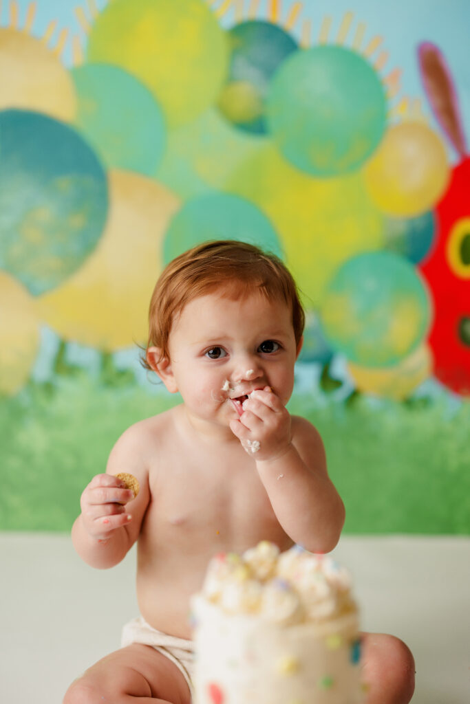 Hungry Caterpillar Cake Smash Photographer Huntsville AL Studio First Birthday Session