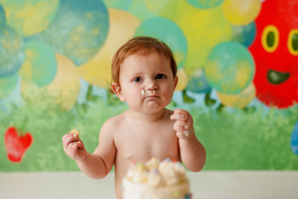 Hungry Caterpillar Cake Smash Photographer Huntsville AL Studio First Birthday Session