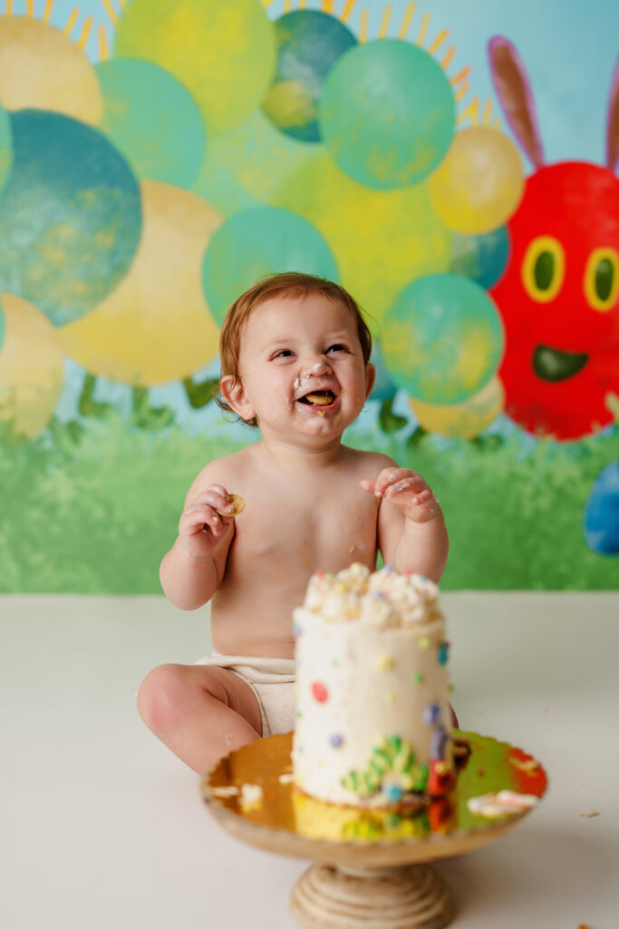 Hungry Caterpillar Cake Smash Photographer Huntsville AL Studio First Birthday Session