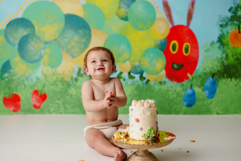 Hungry Caterpillar Cake Smash Photographer Huntsville AL Studio First Birthday Session