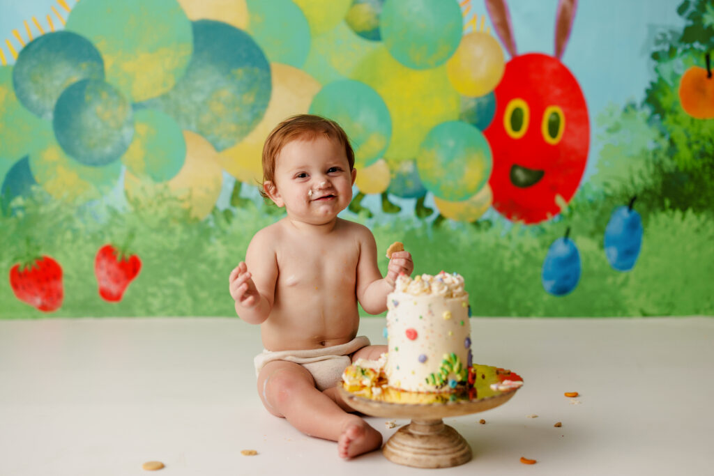 Hungry Caterpillar Cake Smash Photographer Huntsville AL Studio First Birthday Session