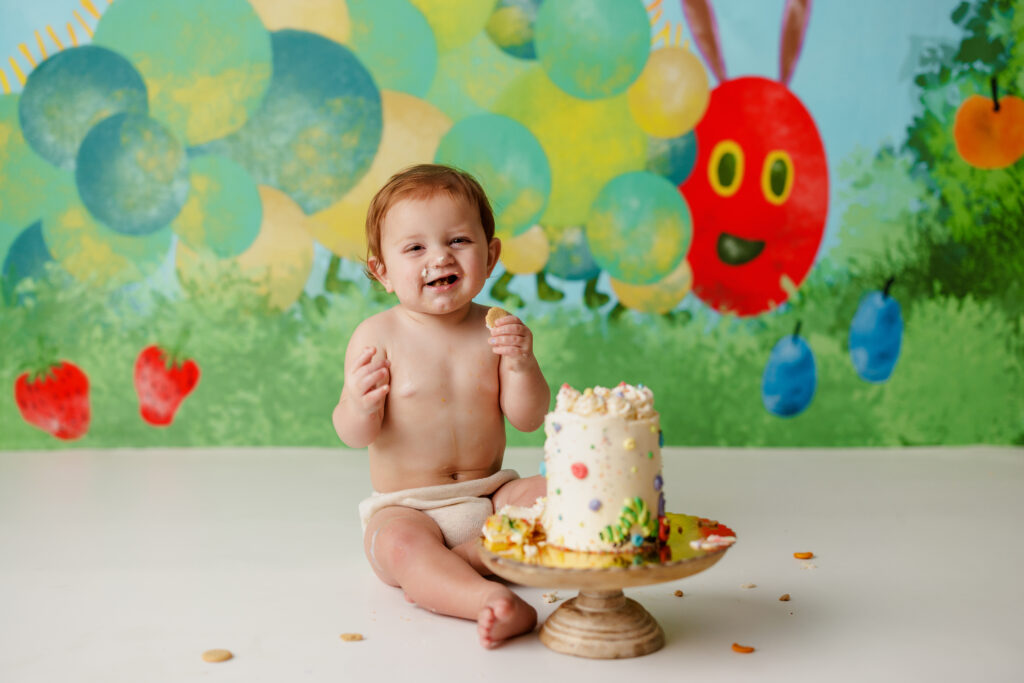 Hungry Caterpillar Cake Smash Photographer Huntsville AL Studio First Birthday Session