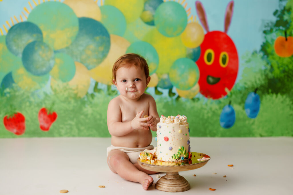 Hungry Caterpillar Cake Smash Photographer Huntsville AL Studio First Birthday Session