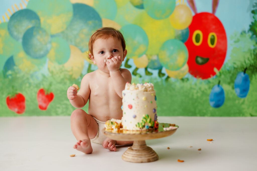 Hungry Caterpillar Cake Smash Photographer Huntsville AL Studio First Birthday Session