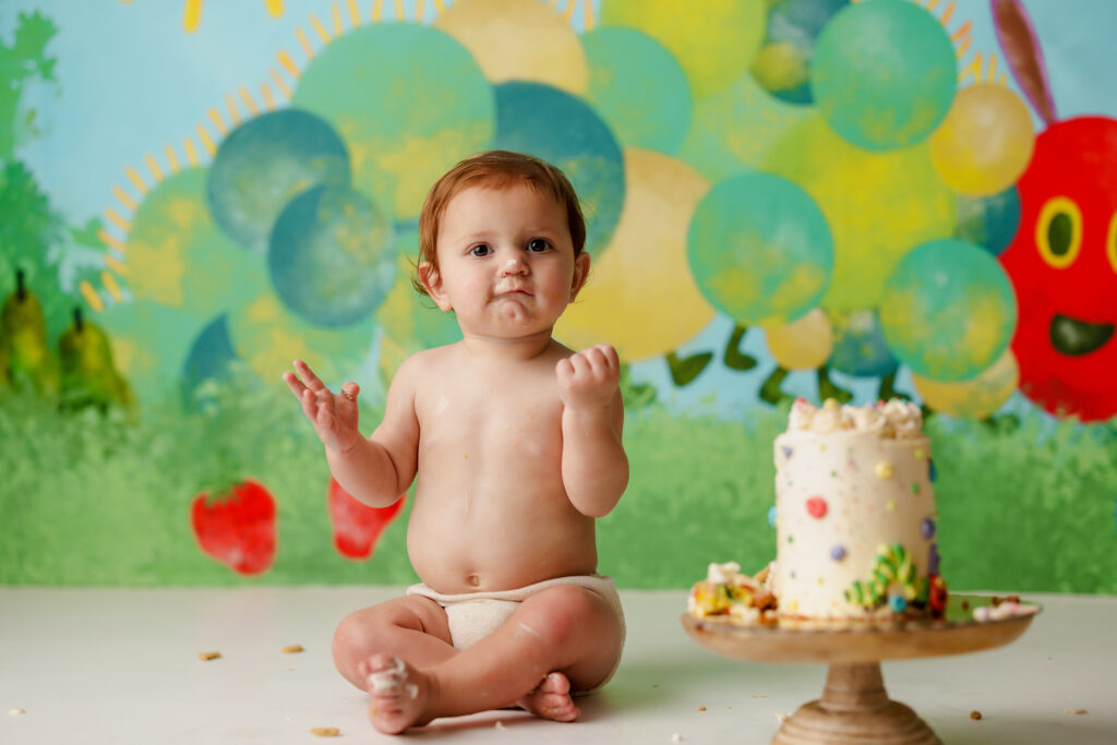 Hungry Caterpillar Cake Smash Photographer Huntsville AL Studio First Birthday Session