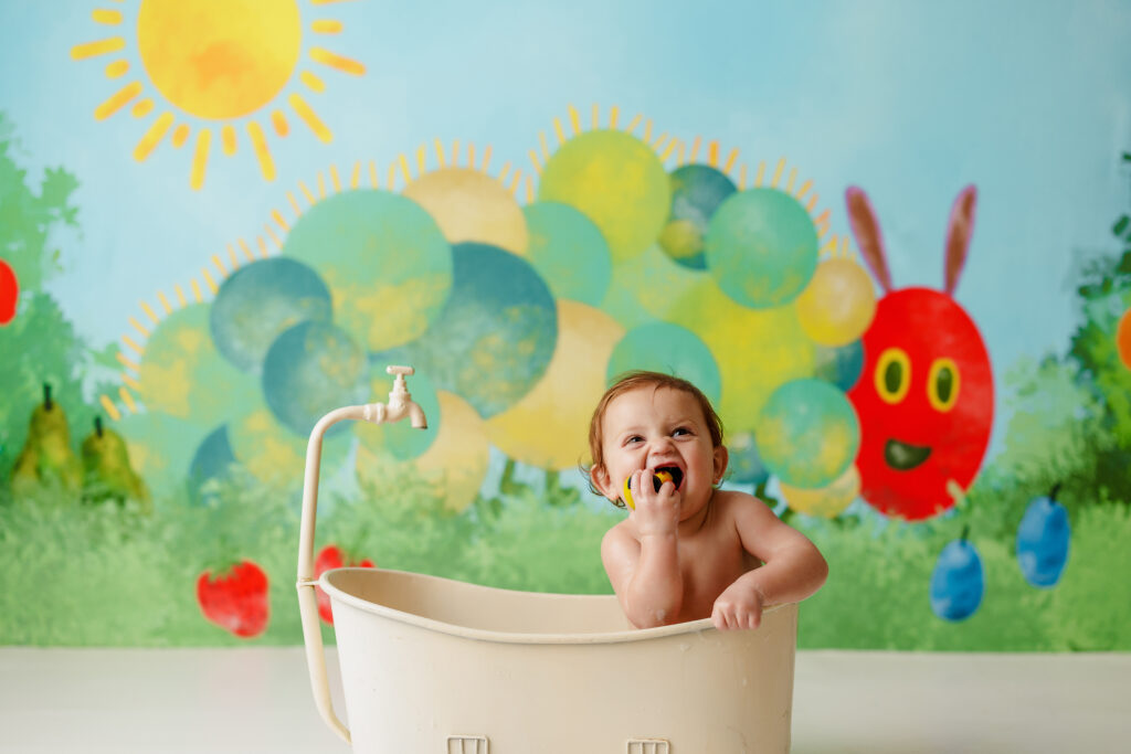 Hungry Caterpillar Cake Smash Photographer Huntsville AL Studio First Birthday Session