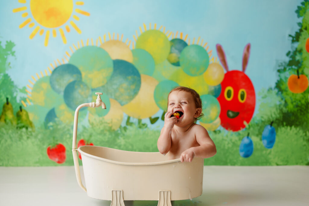 Hungry Caterpillar Cake Smash Photographer Huntsville AL Studio First Birthday Session