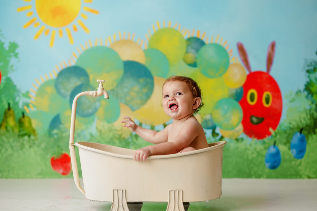 Hungry Caterpillar Cake Smash Photographer Huntsville AL Studio First Birthday Session